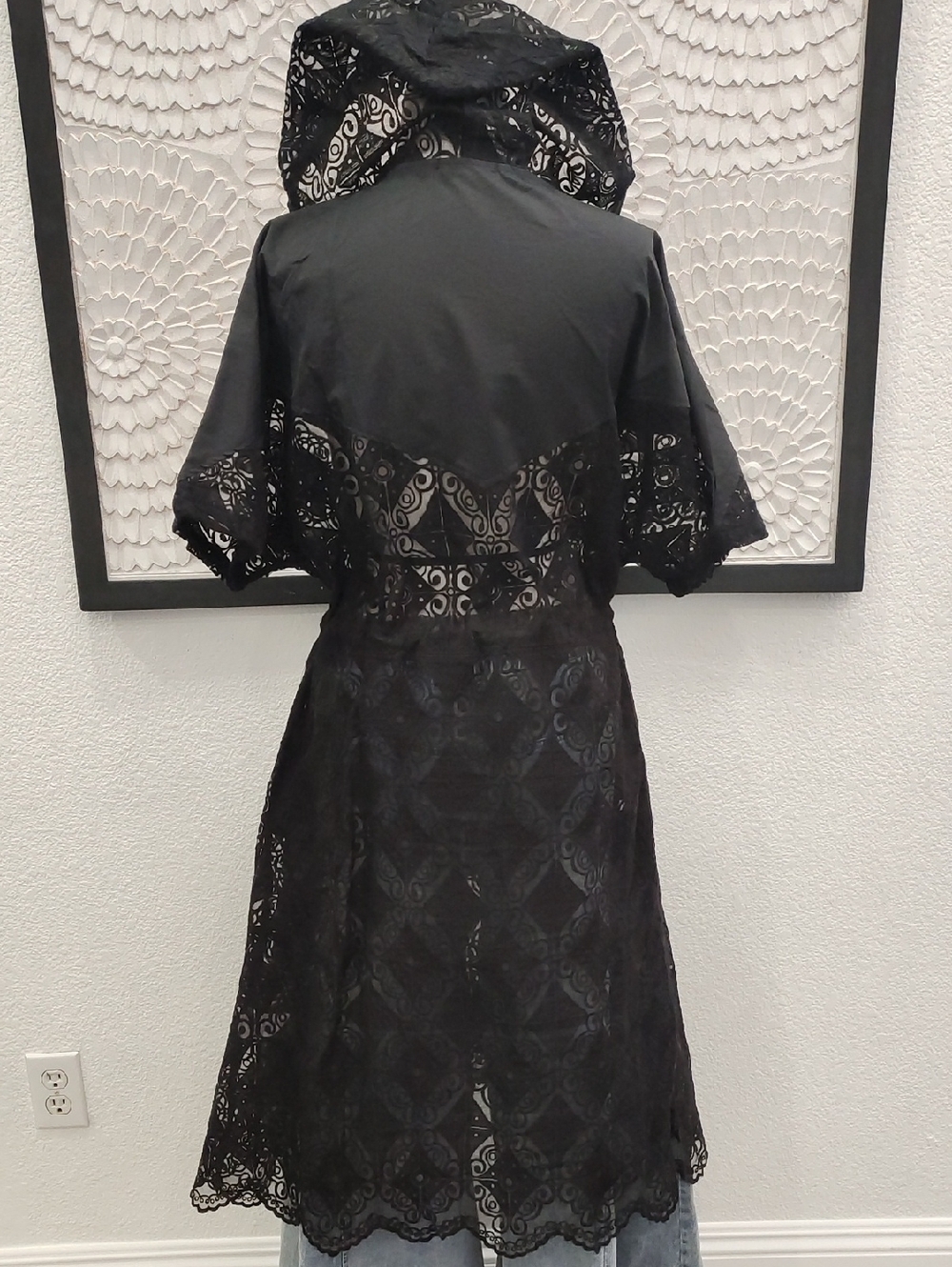 Boho Black Lace Cinch Waist Zip-Front Duster - Picture 7 of 9